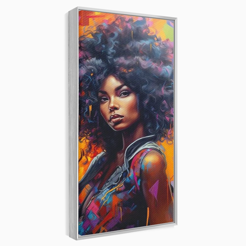 Tablou canvas cu tablou canvas cu portret urban afro, in rama de aluminiu argintiu